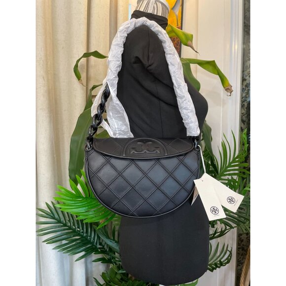 ✺ NWT!  Authentic Tory Burch Black Leather Cresent Fleming Handbag - Picture 1 of 14